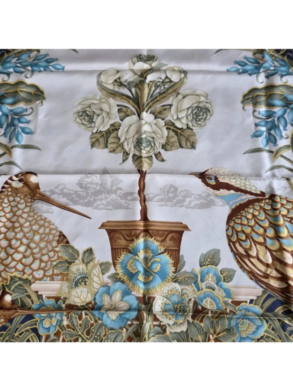 Vtg Salvatore Ferragamo Blue Pheasant Bird Silk Floral Print Hand Rolled Scarf